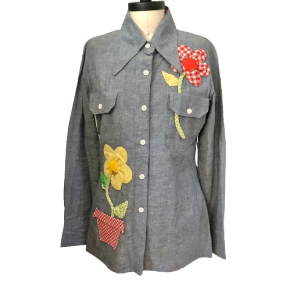 Vtg 70's Appliqué Flower Power Button Up Blouse